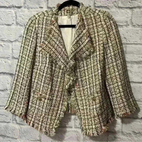 ANNE KLEIN Tweed Fringe Blazer Marine Red / Blue Combo Jacket Size 8 - Picture 1 of 3